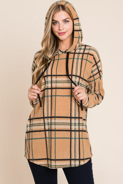 BOMBOM Drawstring Plaid Long Sleeve Hoodie - LACEDUPED