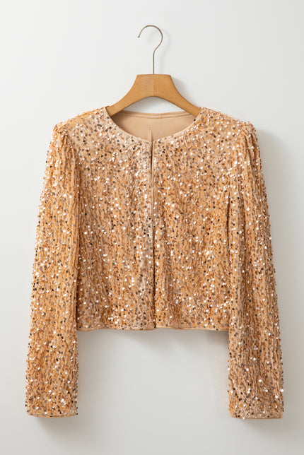 Sequin Open Front Long Sleeve Jacket - LACEDUPED