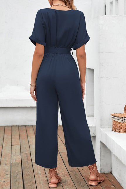 Tie Waist Surplice Wide Leg Jumpsuit - LACEDUPED