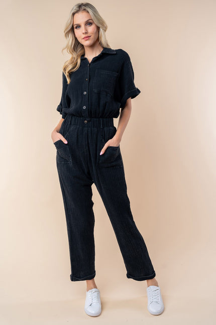 White Birch Texture Short Sleeve Jumpsuit - LACEDUPED
