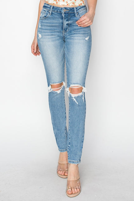 Risen Full Size High Rise Knee Distressed Skinny Jeans - LACEDUPED