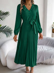 Pleated Tied V-Neck Long Sleeve Dress