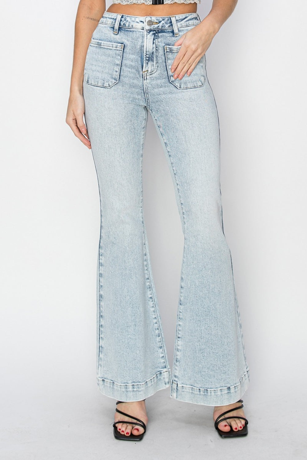 Risen Full Size High Rise Front Patch Pocket Flare Jeans - LACEDUPED