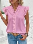 Ruffled V-Neck Cap Sleeve Blouse - LACEDUPED