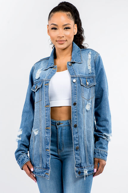 American Bazi Full Size Button Up Distressed Denim Jacket - LACEDUPED