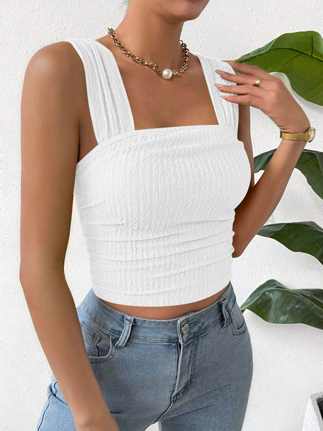 Textured Square Neck Wide Strap Tank - LACEDUPED