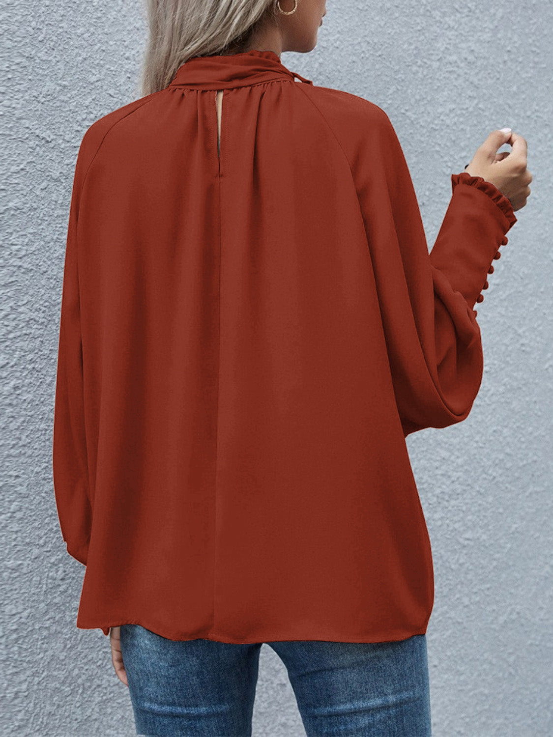 Tie Neck Lantern Sleeve Blouse - LACEDUPED