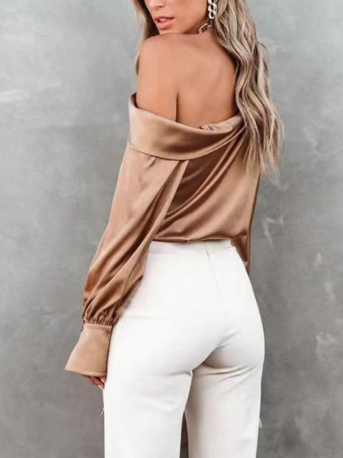 One Shoulder Long Sleeve Blouse - LACEDUPED