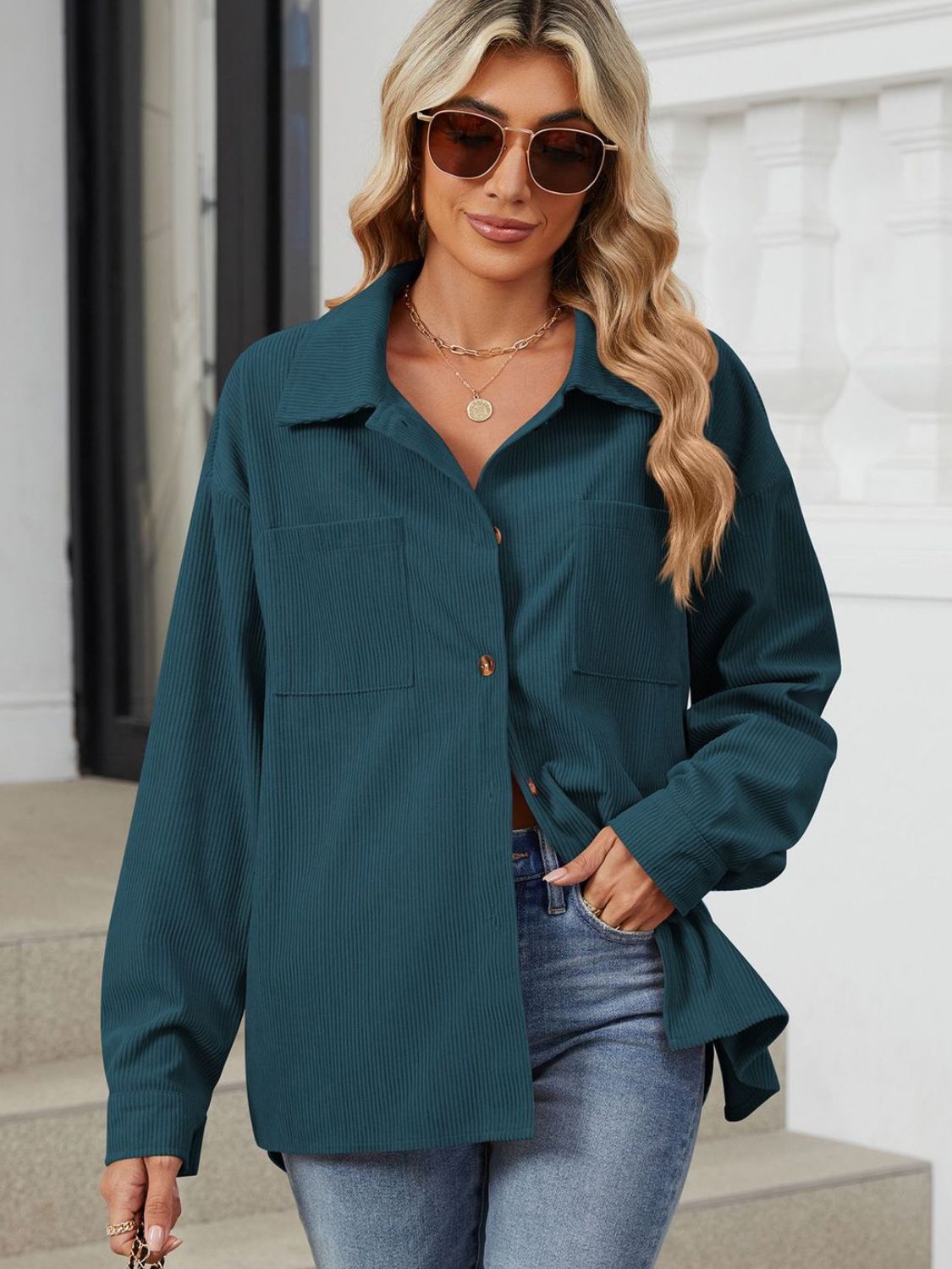 Button Up Dropped Shoulder Long Sleeve Outerwear - LACEDUPED