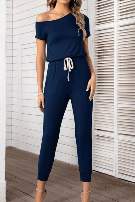 Asymmetrical Neck Short Sleeve Jumpsuit - LACEDUPED