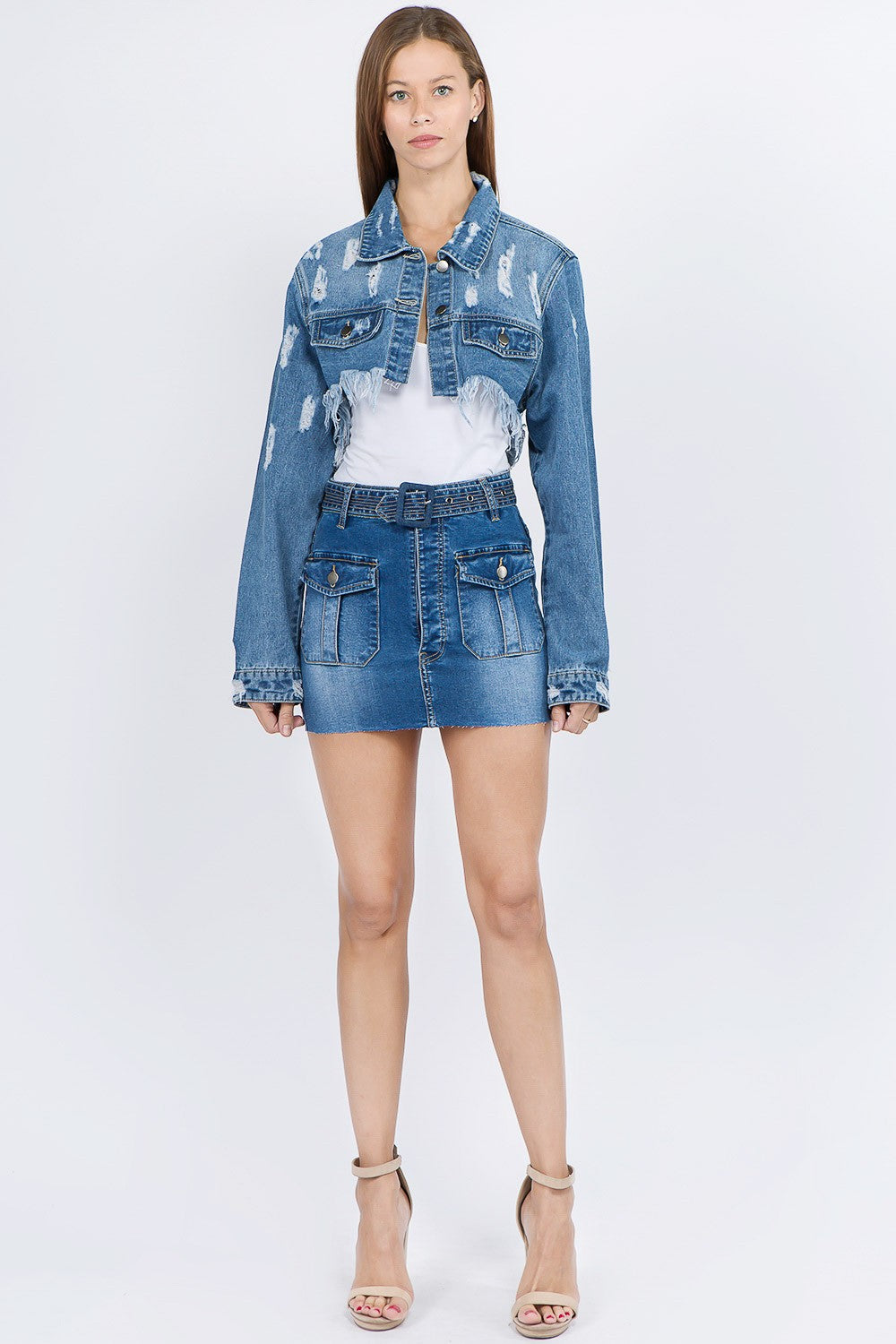 American Bazi Distressed Denim Jacket with Frayed Hem - LACEDUPED