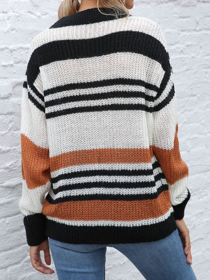 Contrast Striped Round Neck Long Sleeve Sweater - LACEDUPED