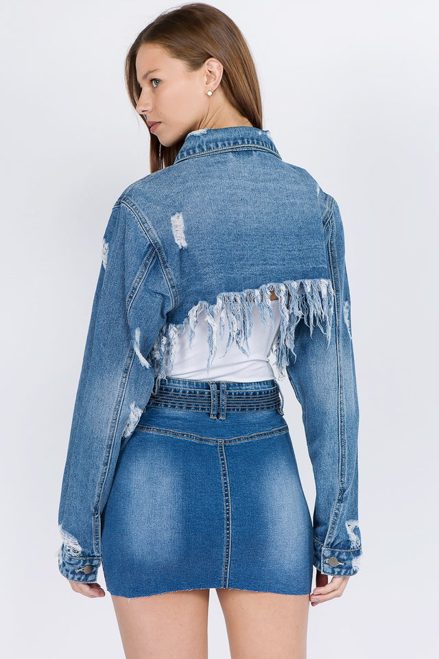 American Bazi Distressed Denim Jacket with Frayed Hem - LACEDUPED