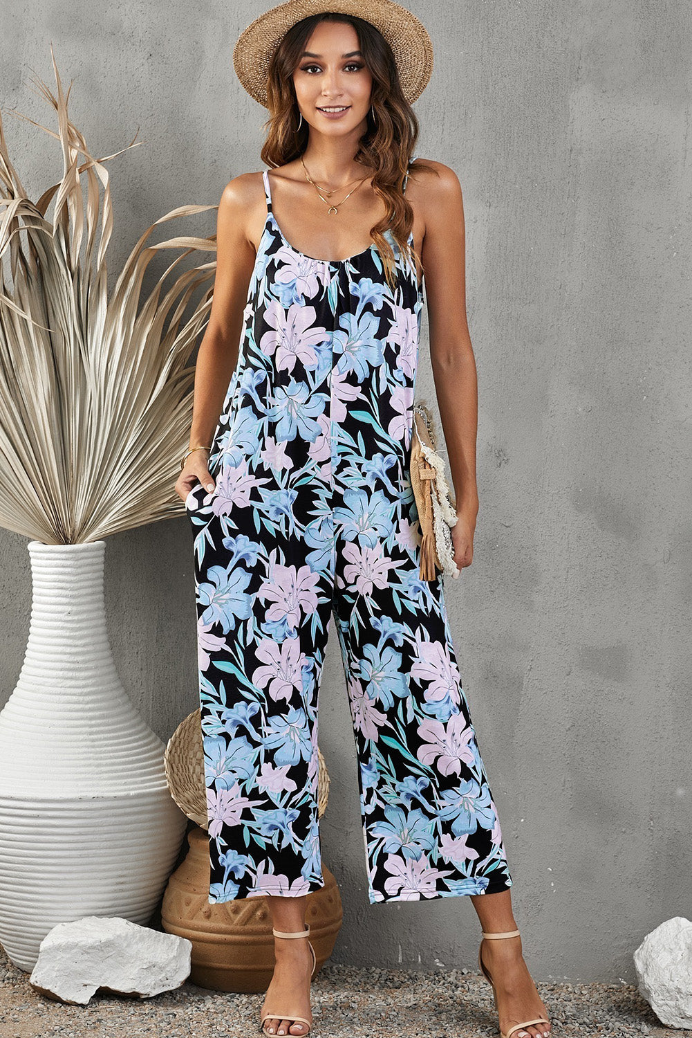 Botanical Print Spaghetti Strap Cropped Jumpsuit - LACEDUPED