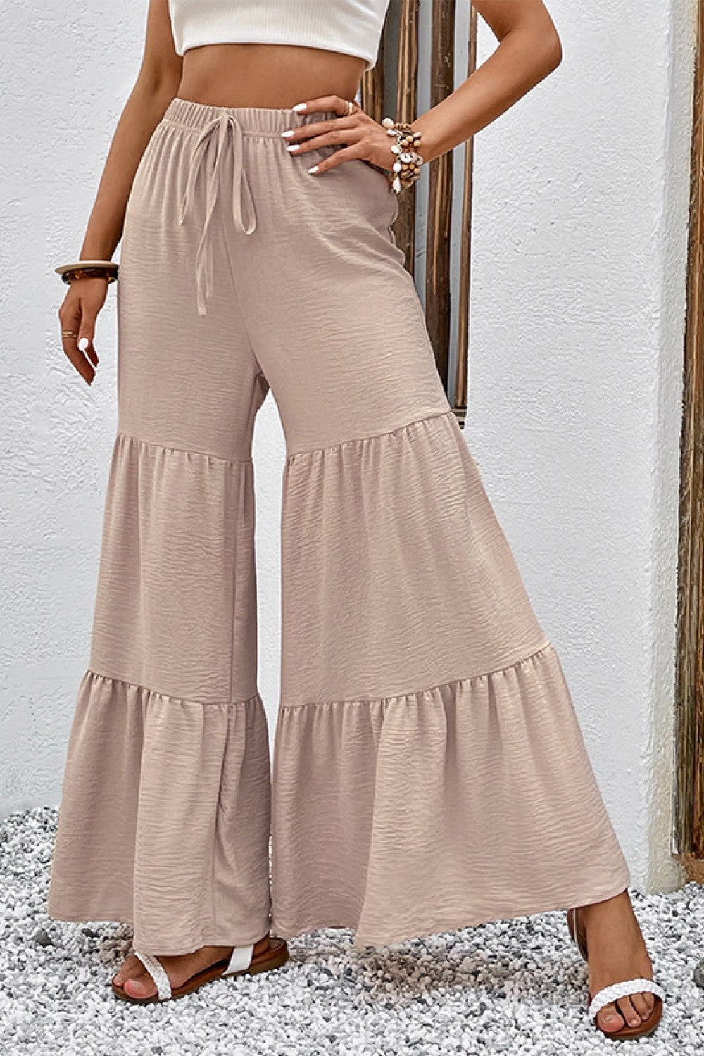 Drawstring Waist Tiered Flare Culottes - LACEDUPED