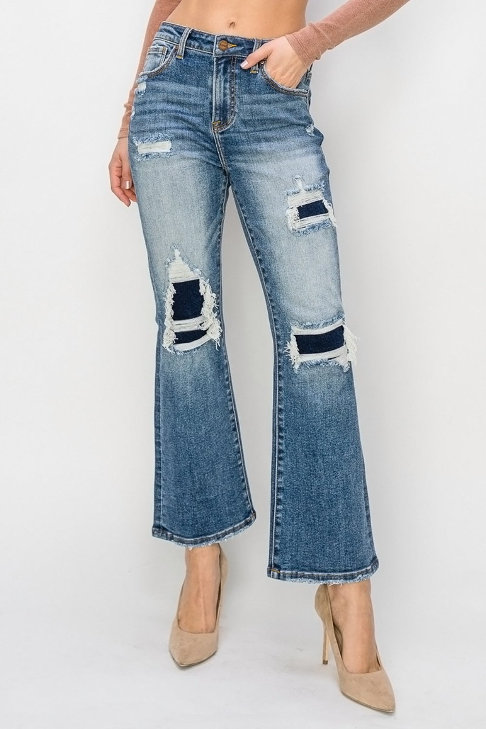 Risen Full Size High Rise Distressed Ankle Flare Jeans - LACEDUPED