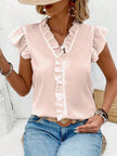 Ruffled V-Neck Cap Sleeve Blouse - LACEDUPED