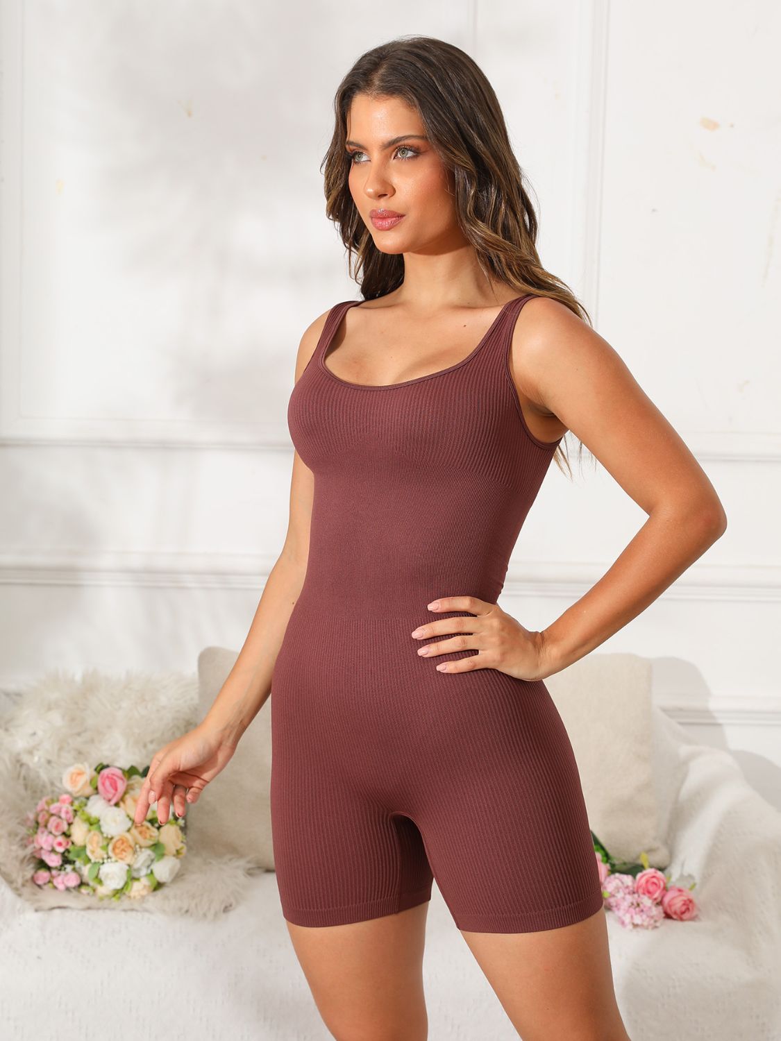 Scoop Neck Wide Strap Active Romper - LACEDUPED