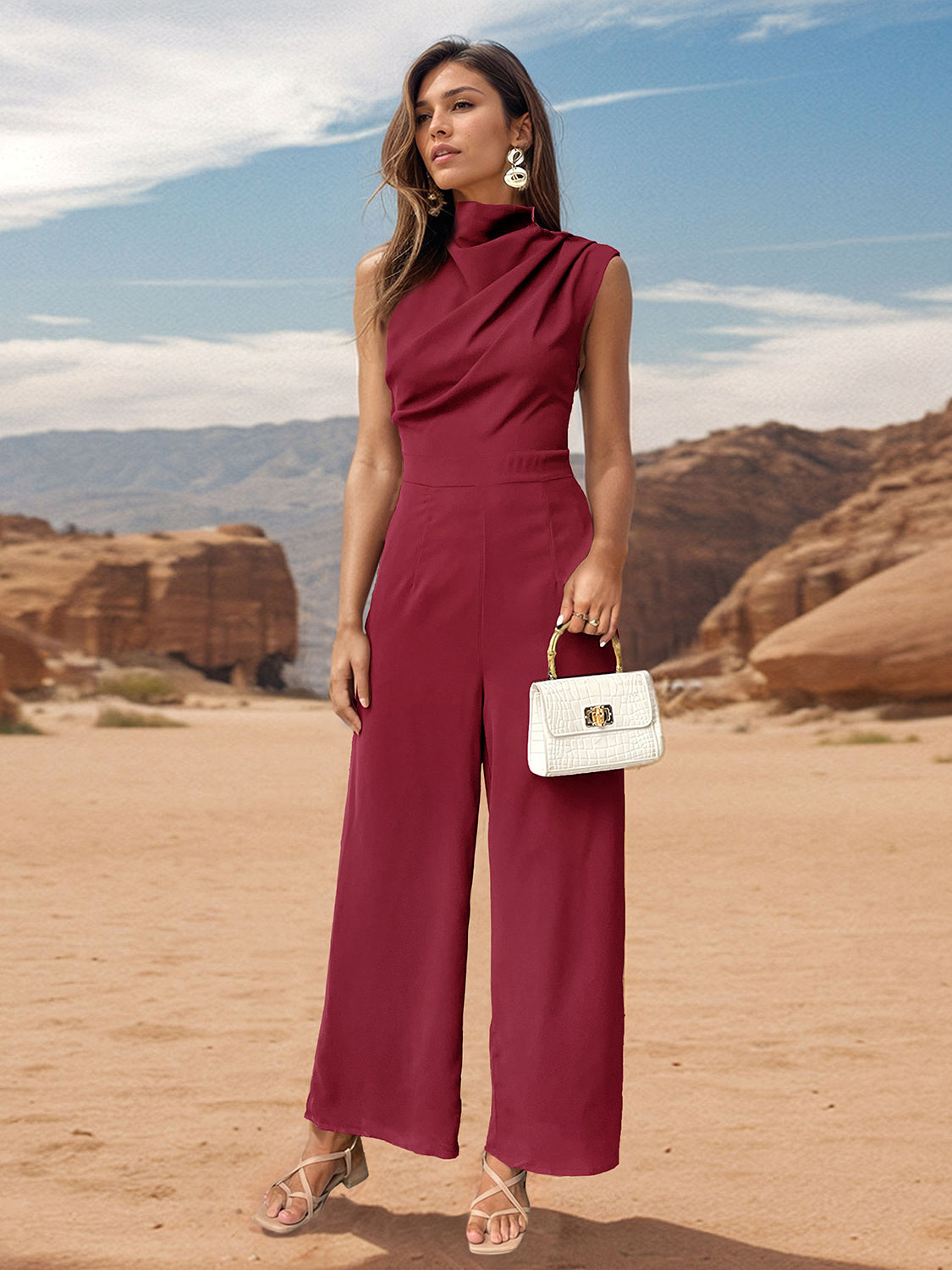 Ruched Mock Neck Sleeveless Jumpsuit - LACEDUPED