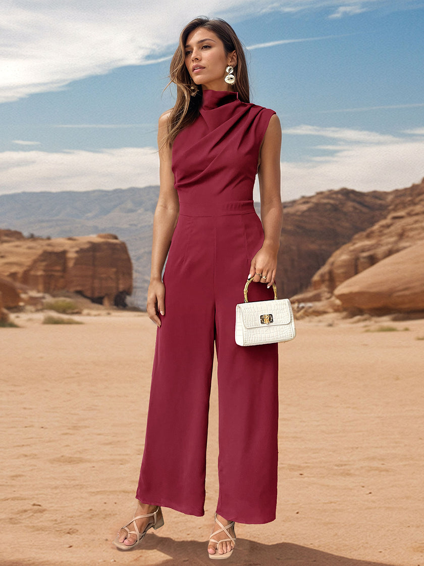 Ruched Mock Neck Sleeveless Jumpsuit - LACEDUPED