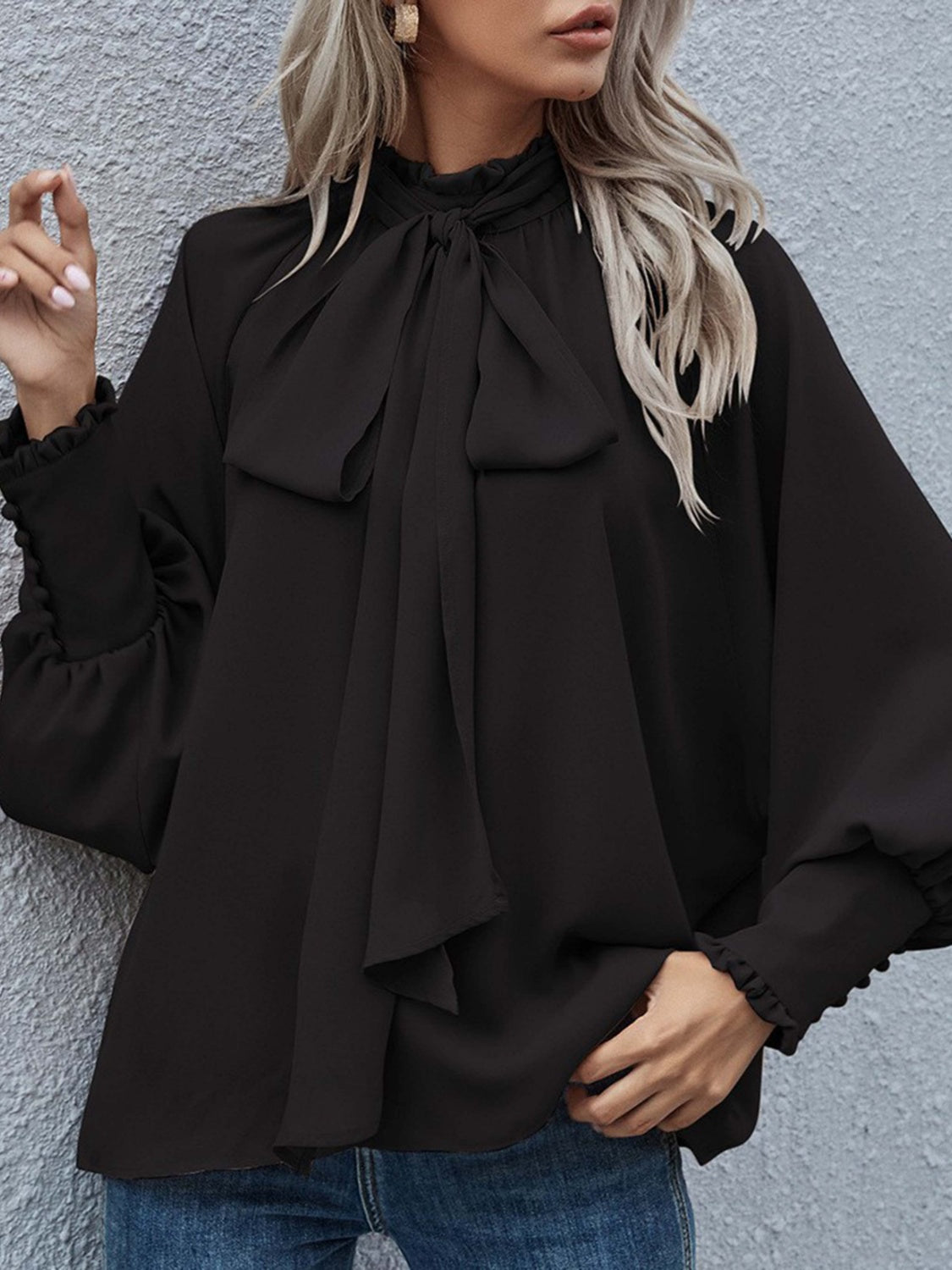 Tie Neck Lantern Sleeve Blouse - LACEDUPED