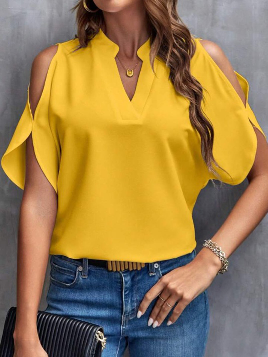 Notched Cold Shoulder Half Sleeve Blouse - LACEDUPED