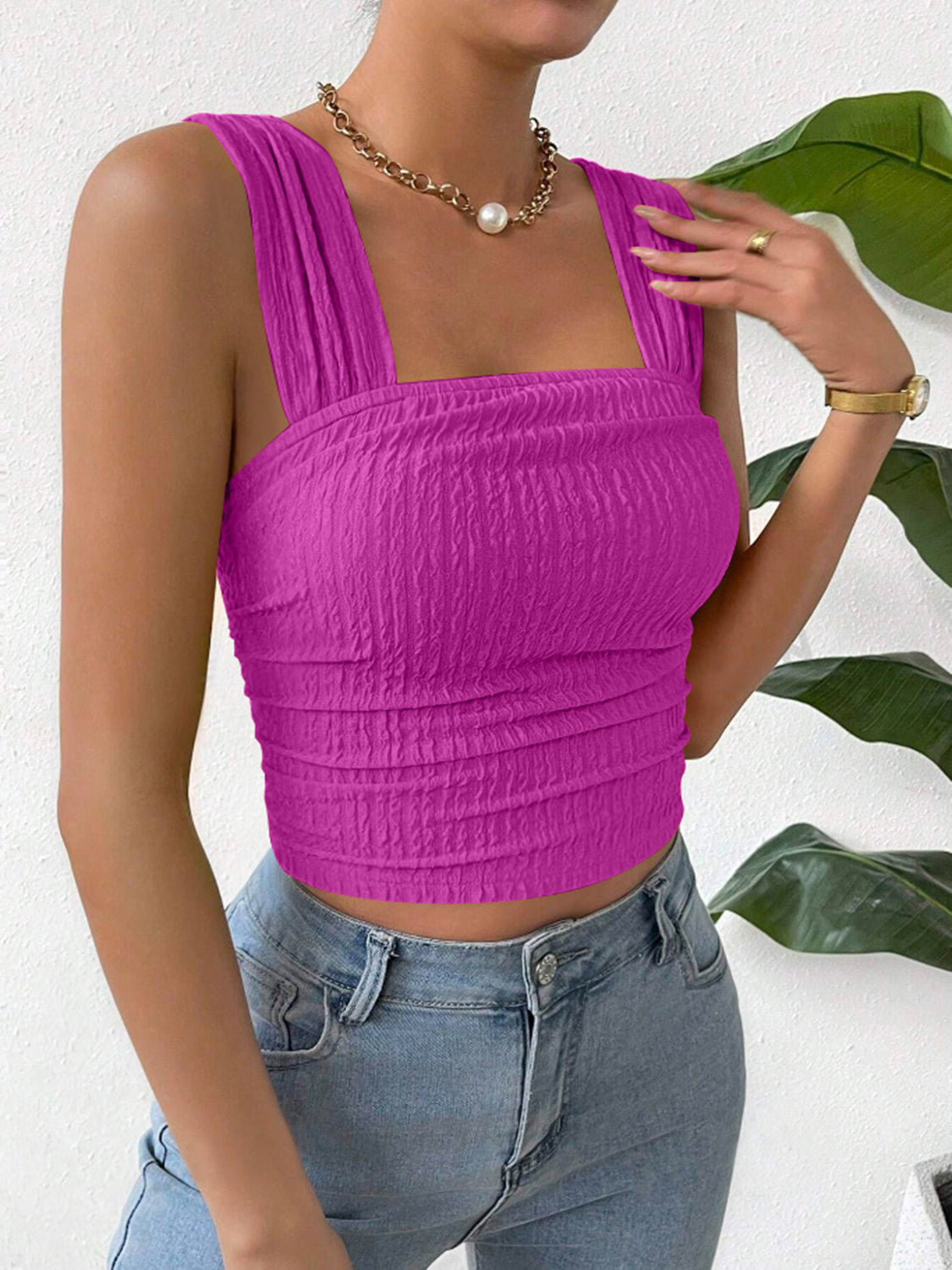 Textured Square Neck Wide Strap Tank - LACEDUPED