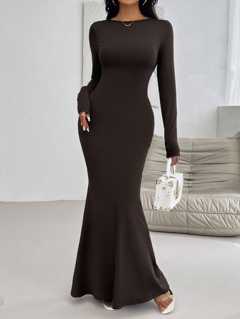 Devine Backless Round Neck Long Sleeve Maxi Dress