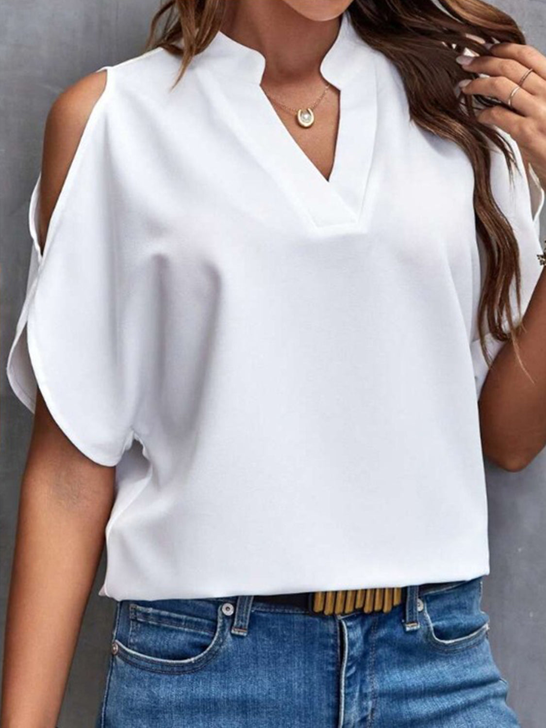 Notched Cold Shoulder Half Sleeve Blouse - LACEDUPED