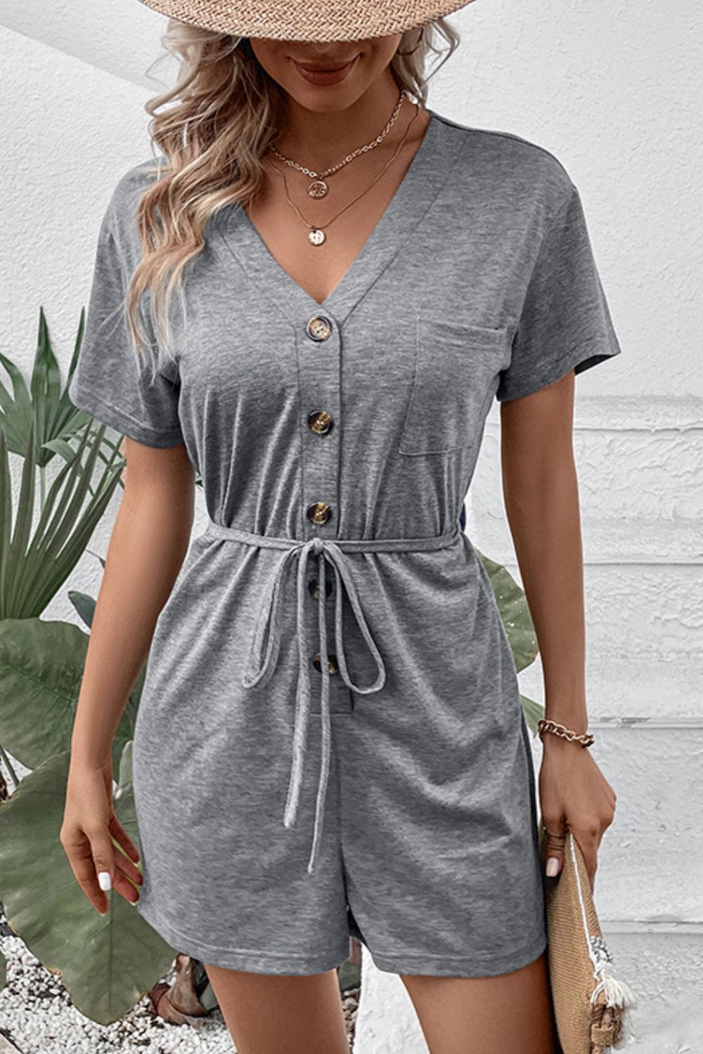 V-Neck Short Sleeve Tied Romper - LACEDUPED