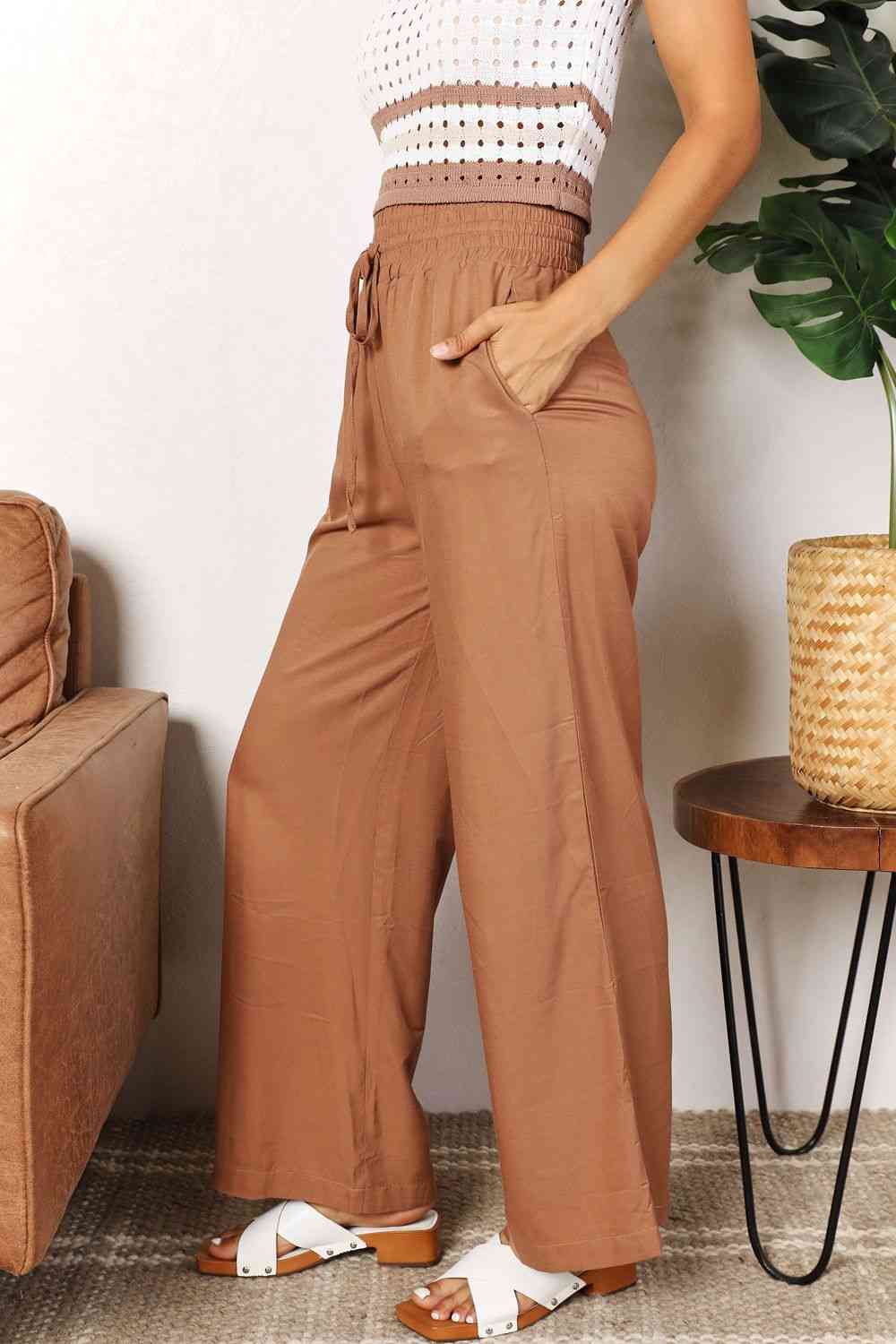 Double Take Drawstring Smocked Waist Wide Leg Pants - Premium   - Just $44.95! Shop now at LACEDUPED