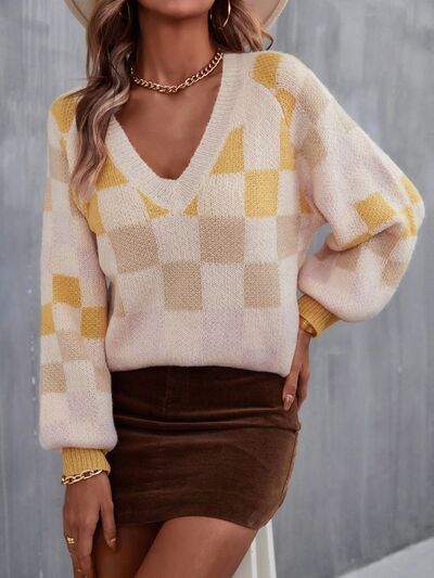 Checkered V-Neck Lantern Sleeve Sweater - Premium   - Just $49.95! Shop now at LACEDUPED