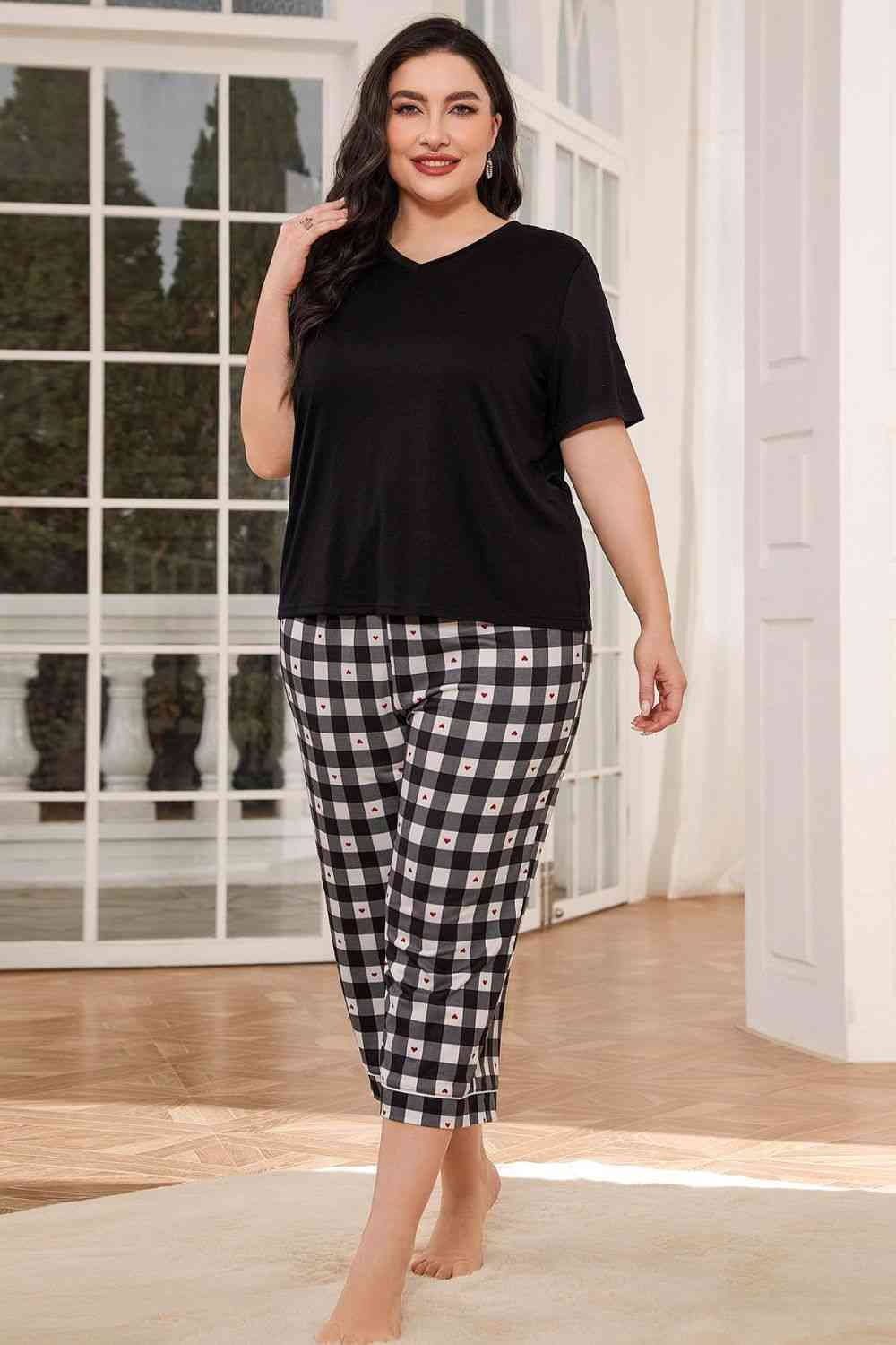 V-Neck Tee and Plaid Cropped Pants Lounge Set - Premium   - Just $50.95! Shop now at LACEDUPED