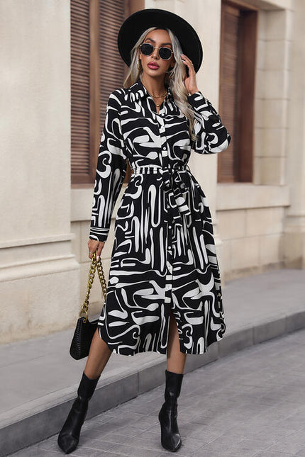 Printed Tie Front Collared Neck Slit Shirt Dress - Premium   - Just $49.95! Shop now at LACEDUPED