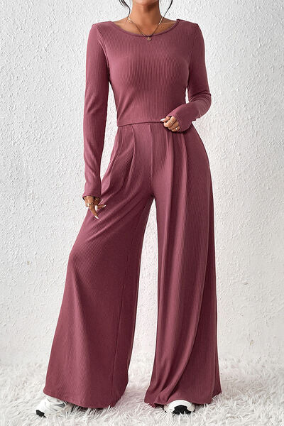 Ribbed Round Neck Top and Wide-Leg Pants Set - Premium   - Just $79.95! Shop now at LACEDUPED