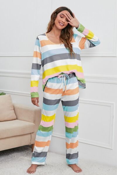 Striped Round Neck Long Sleeve Top and Drawstring Pants Lounge Set - Premium   - Just $53.95! Shop now at LACEDUPED