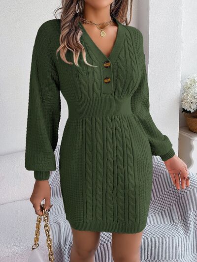 Buttoned Cable-Knit V-Neck Sweater Dress - Premium   - Just $44.76! Shop now at LACEDUPED