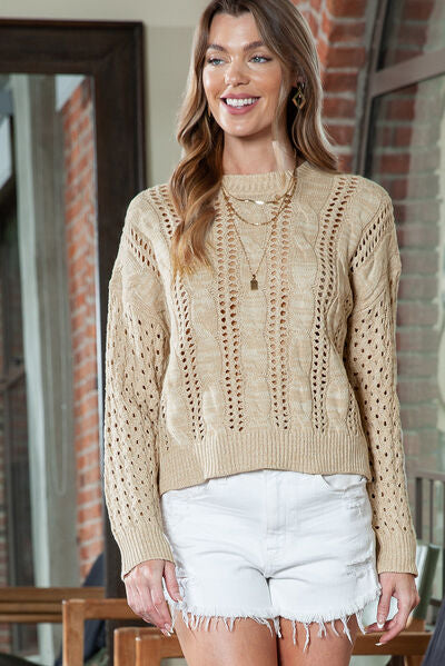 Full Size Openwork Cable-Knit Round Neck Knit Top - Premium   - Just $54.95! Shop now at LACEDUPED