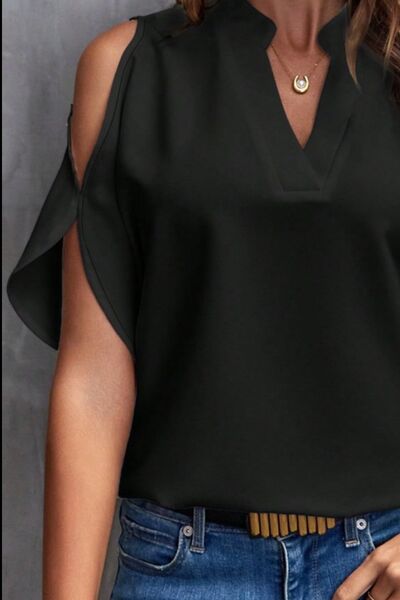 Notched Cold Shoulder Blouse - Premium   - Just $34.95! Shop now at LACEDUPED