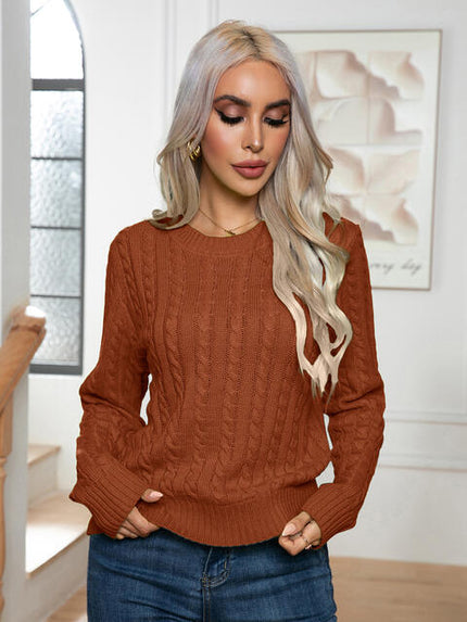 Cable-Knit Round Neck Long Sleeve Sweater - Premium   - Just $42.95! Shop now at LACEDUPED