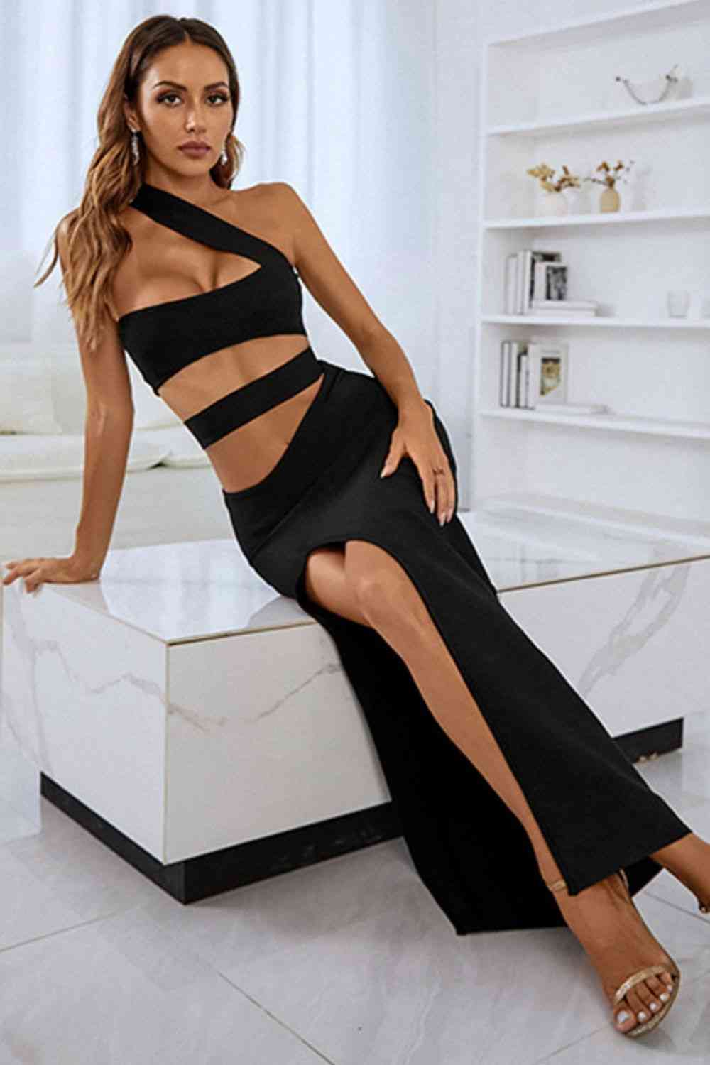 One-Shoulder Cutout Front Split Maxi Dress - Premium   - Just $150.95! Shop now at LACEDUPED