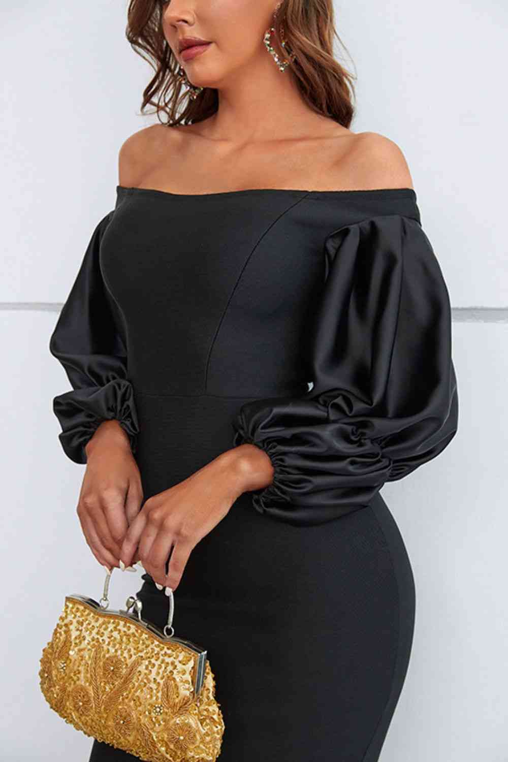 Off-Shoulder Bubble Sleeve Slit Dress - Premium   - Just $164.95! Shop now at LACEDUPED