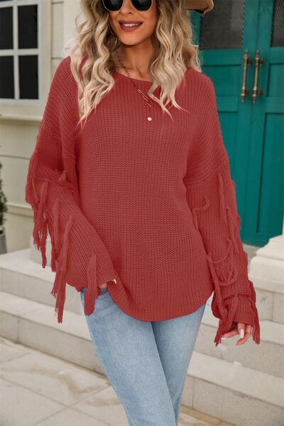 Fringe Round Neck Dropped Shoulder Sweater - Premium   - Just $53.95! Shop now at LACEDUPED