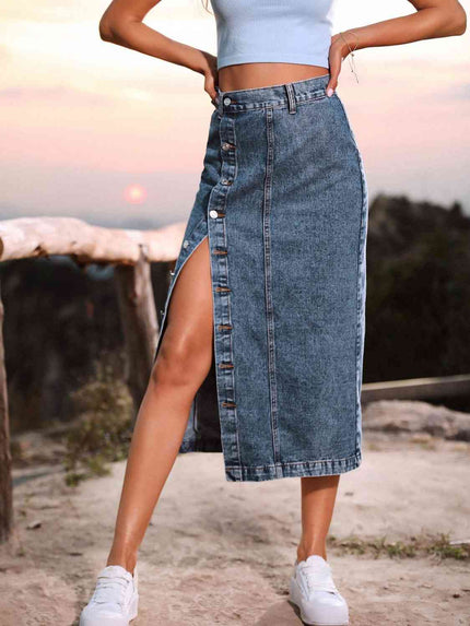 Button Down Denim Skirt - Premium   - Just $49.95! Shop now at LACEDUPED