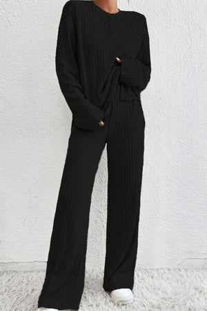 Quarter Button Dropped Shoulder Top and Pants Set - Premium   - Just $69.95! Shop now at LACEDUPED