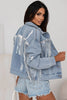 Sequin Fringe Trim Distressed Button Up Denim Jacket - Premium   - Just $101.95! Shop now at LACEDUPED