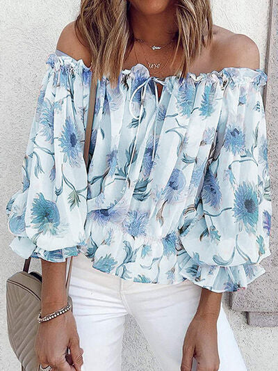 Floral Off-Shoulder Flounce Sleeve Blouse - Premium   - Just $40.95! Shop now at LACEDUPED