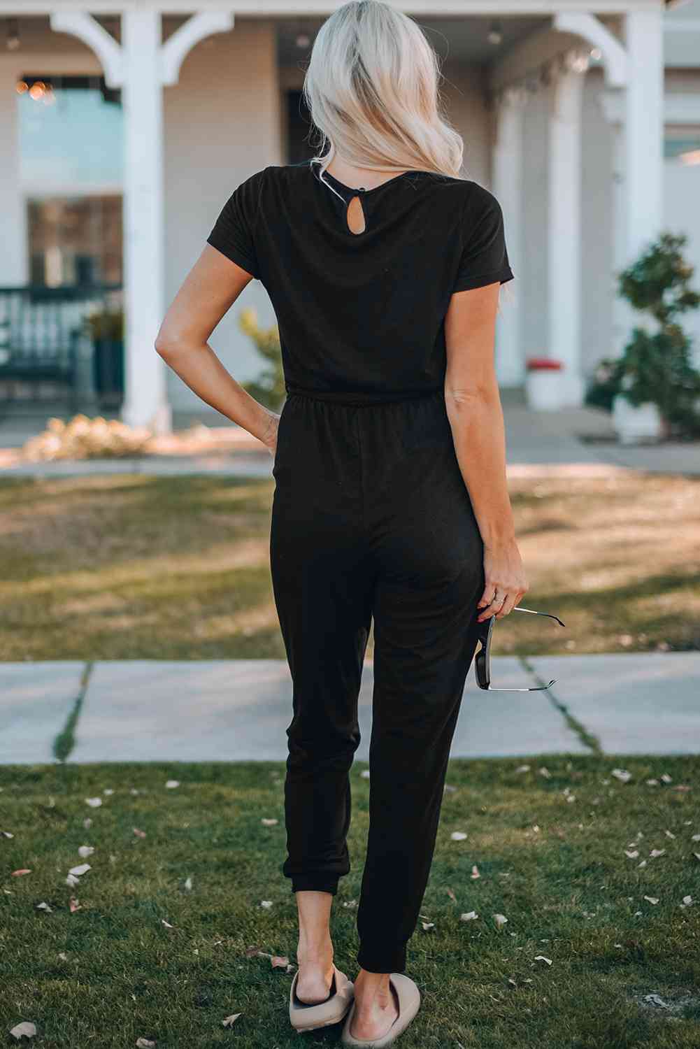 Belted V-Neck Jogger Jumpsuit - Premium   - Just $57.95! Shop now at LACEDUPED