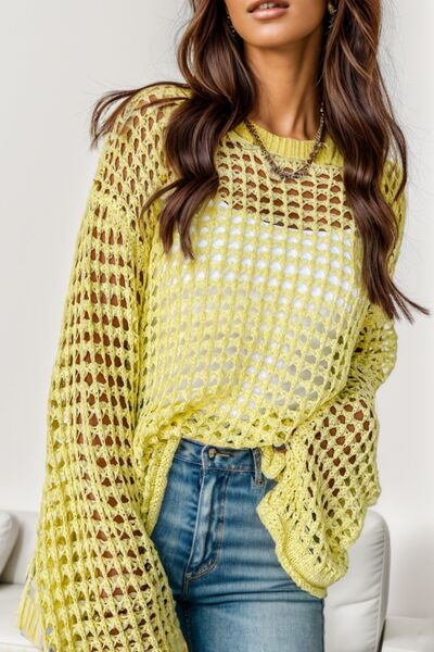 Openwork Round Neck Dropped Shoulder Knit Top - Premium   - Just $47.95! Shop now at LACEDUPED