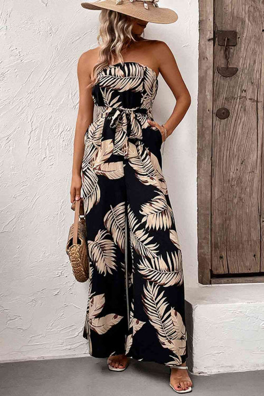 Printed Strapless Wide Leg Jumpsuit with Pockets - Premium   - Just $46.95! Shop now at LACEDUPED